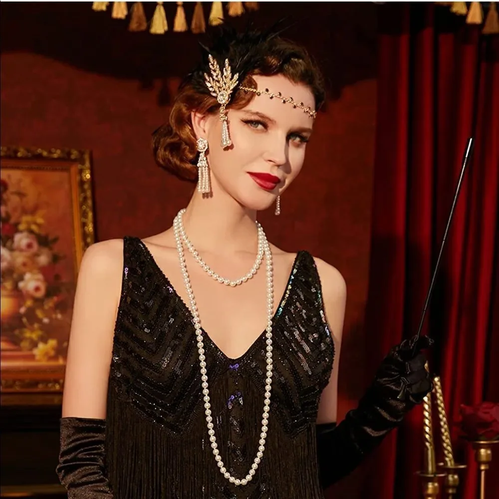 🪶✨ Art Deco 1920's Flapper Great Gatsby Pearl Black Feather Leaf Headband